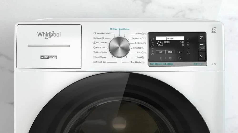 Whirlpool Skalbimo mašina | W8 99AD SILENCE EE | Energy efficiency class A | Front loading | Skalbimo talpa 9kg | 1400 RPM | Gylis 64.3 cm | Plotis 59.9 cm | LCD | Steam function | Direct drive | Baltas
