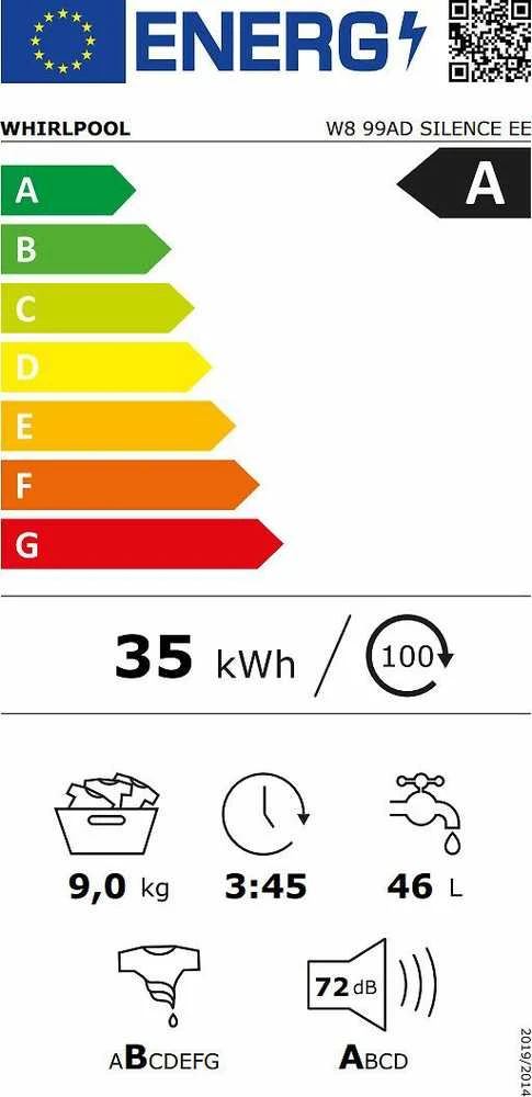 Whirlpool Skalbimo mašina | W8 99AD SILENCE EE | Energy efficiency class A | Front loading | Skalbimo talpa 9kg | 1400 RPM | Gylis 64.3 cm | Plotis 59.9 cm | LCD | Steam function | Direct drive | Baltas