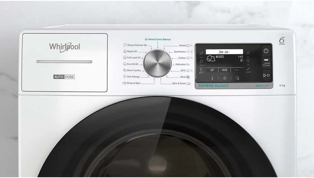 Whirlpool Skalbimo mašina | W8 99AD SILENCE EE | Energy efficiency class A | Front loading | Skalbimo talpa 9kg | 1400 RPM | Gylis 64.3 cm | Plotis 59.9 cm | LCD | Steam function | Direct drive | Baltas