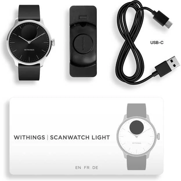 Išmanusis laikrodis Withings Scanwatch Light 37mm, Sidabrinės spalvos korpusas su juodos spalvos dirželiu