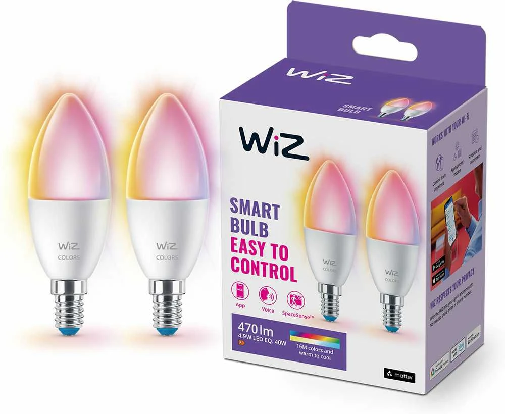 WiZ,žvakė,4,9W,2200-6500 (RGB),C37,E14,2vnt šviesos šaltinis