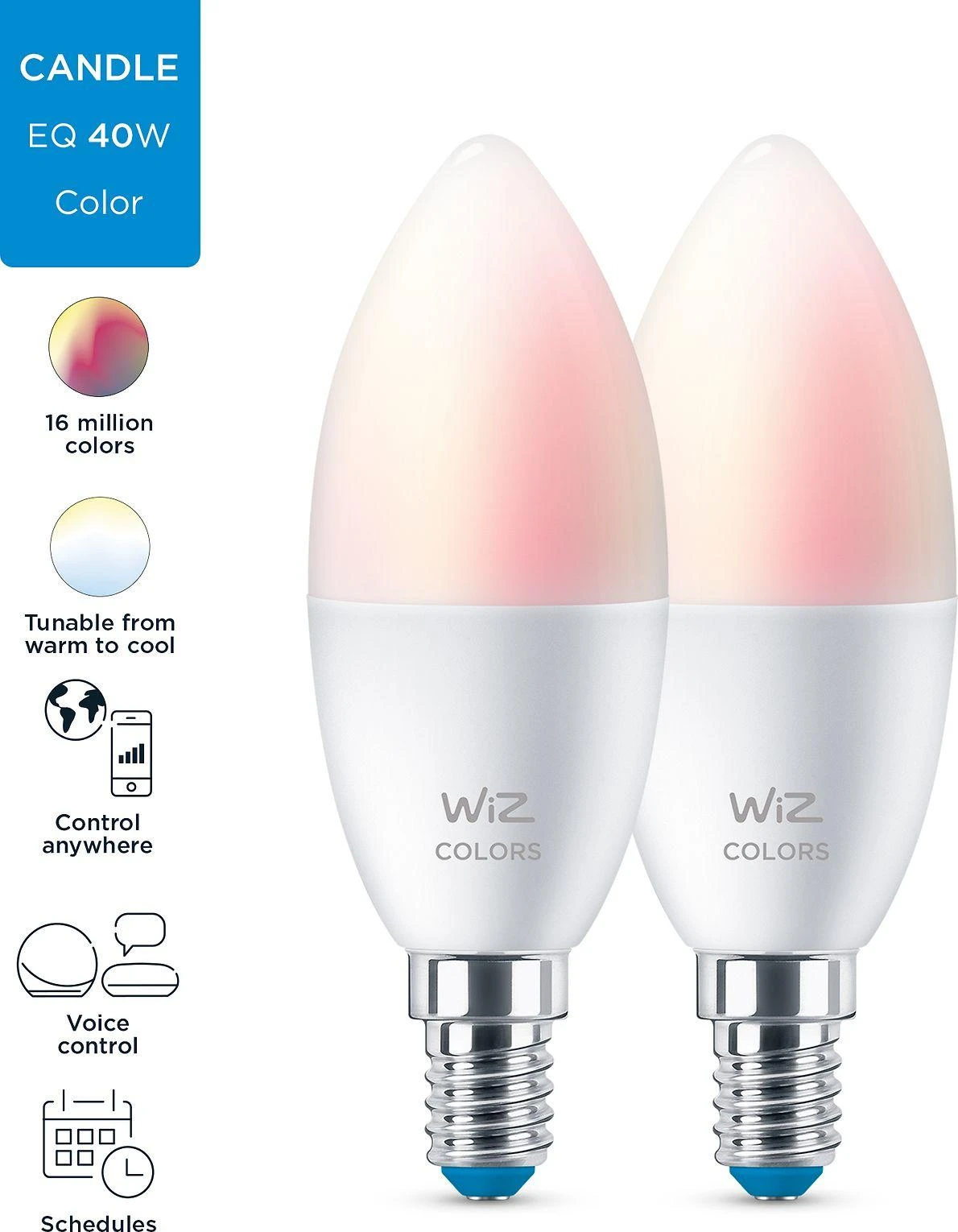 WiZ,žvakė,4,9W,2200-6500 (RGB),C37,E14,2vnt šviesos šaltinis