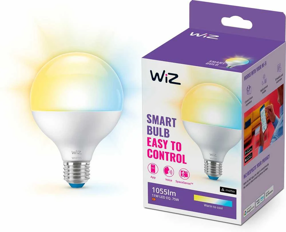 „Signify WiZ Baltas Globe“ E27 reguliuojama 75 W matinė lemputė, viena pakuotė