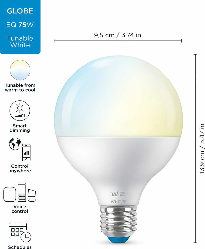 „Signify WiZ Baltas Globe“ E27 reguliuojama 75 W matinė lemputė, viena pakuotė