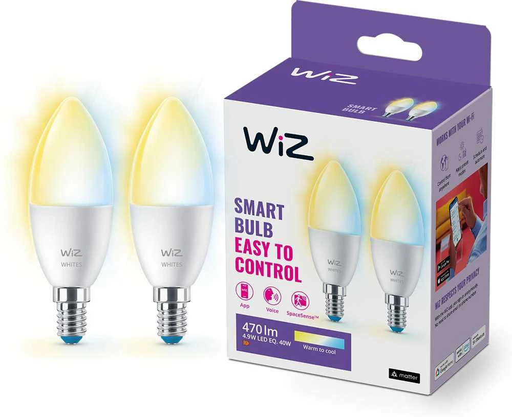 WiZ RGBW LED žvakinė lemputė | 4,9 W | 2700–6500 K | C37 | E14 | 2 vnt.