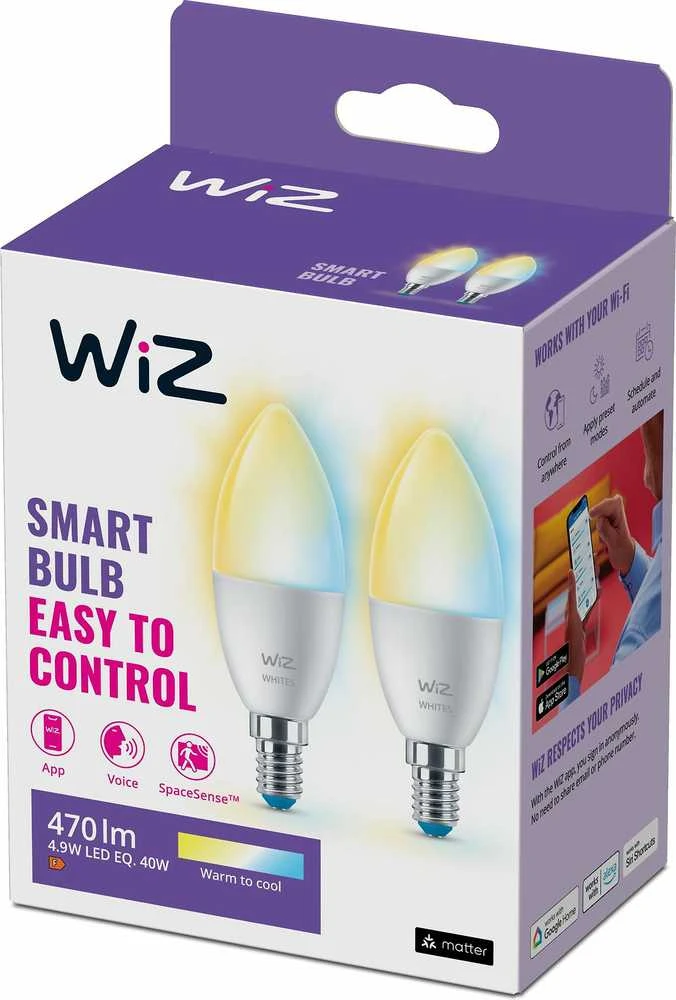 WiZ RGBW LED žvakinė lemputė | 4,9 W | 2700–6500 K | C37 | E14 | 2 vnt.