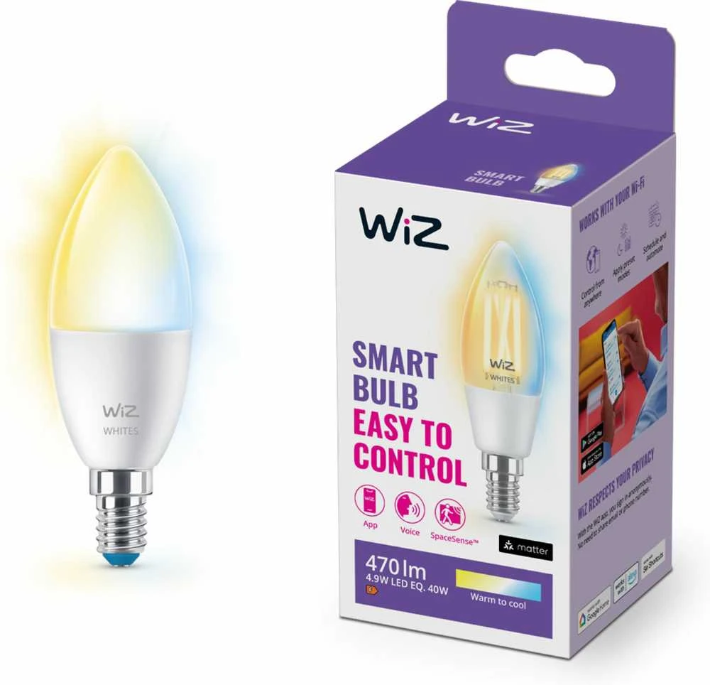 WiZ LED lemputė šalta-šilta balta Žvakė | 4,9 W | 2700-6500K | C37 | E14 | 1 vnt.