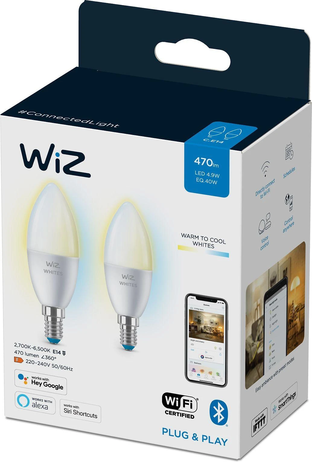 WiZ RGBW LED žvakinė lemputė | 4,9 W | 2700–6500 K | C37 | E14 | 2 vnt.
