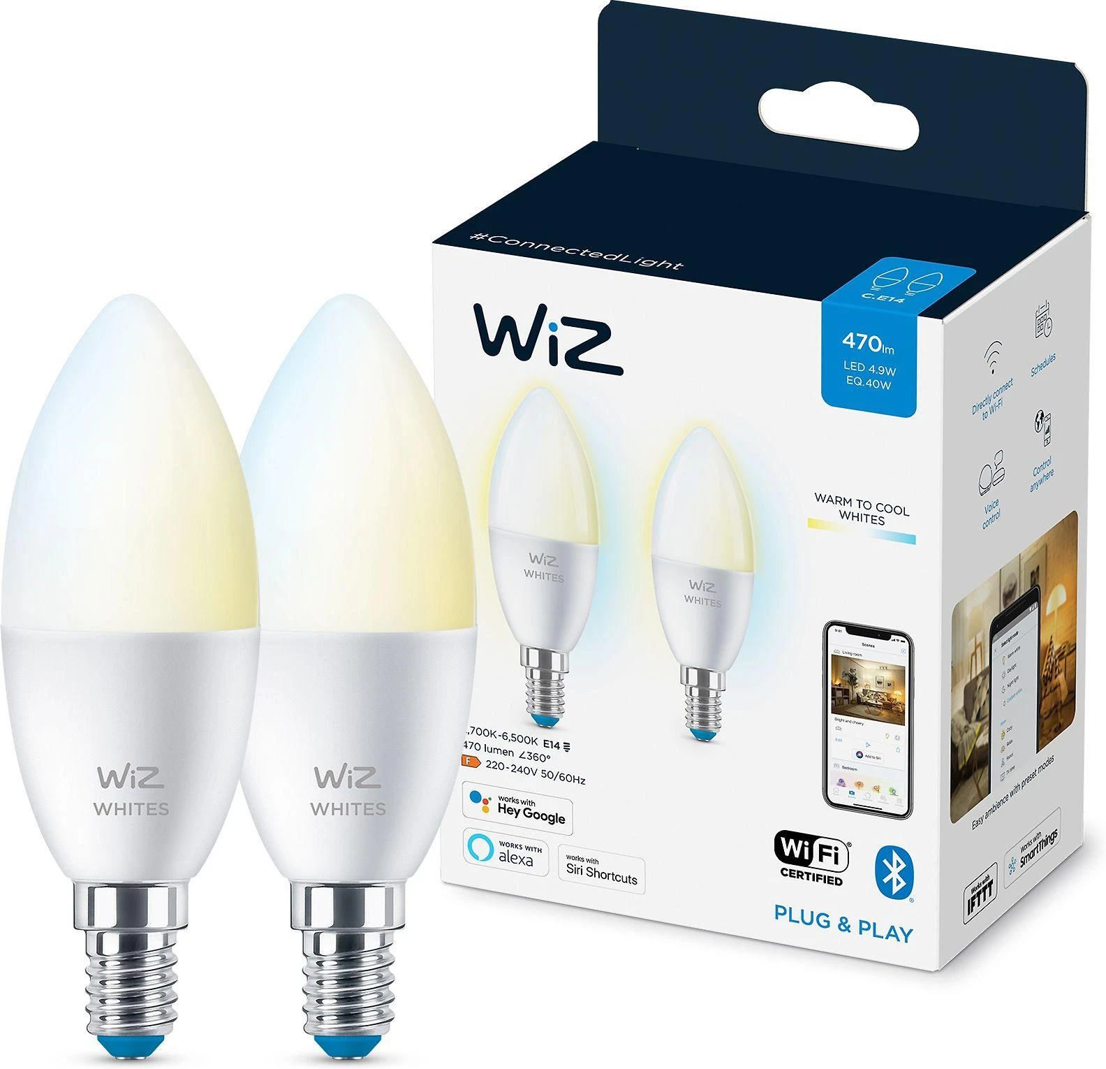 WiZ RGBW LED žvakinė lemputė | 4,9 W | 2700–6500 K | C37 | E14 | 2 vnt.