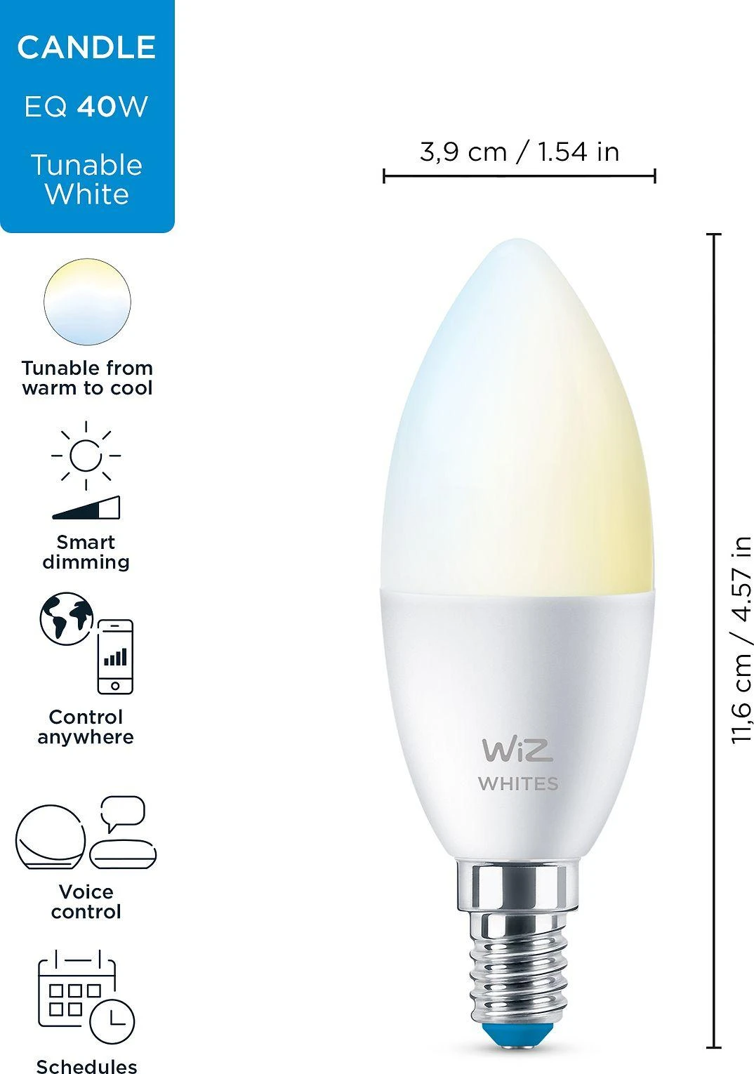 WiZ RGBW LED žvakinė lemputė | 4,9 W | 2700–6500 K | C37 | E14 | 2 vnt.