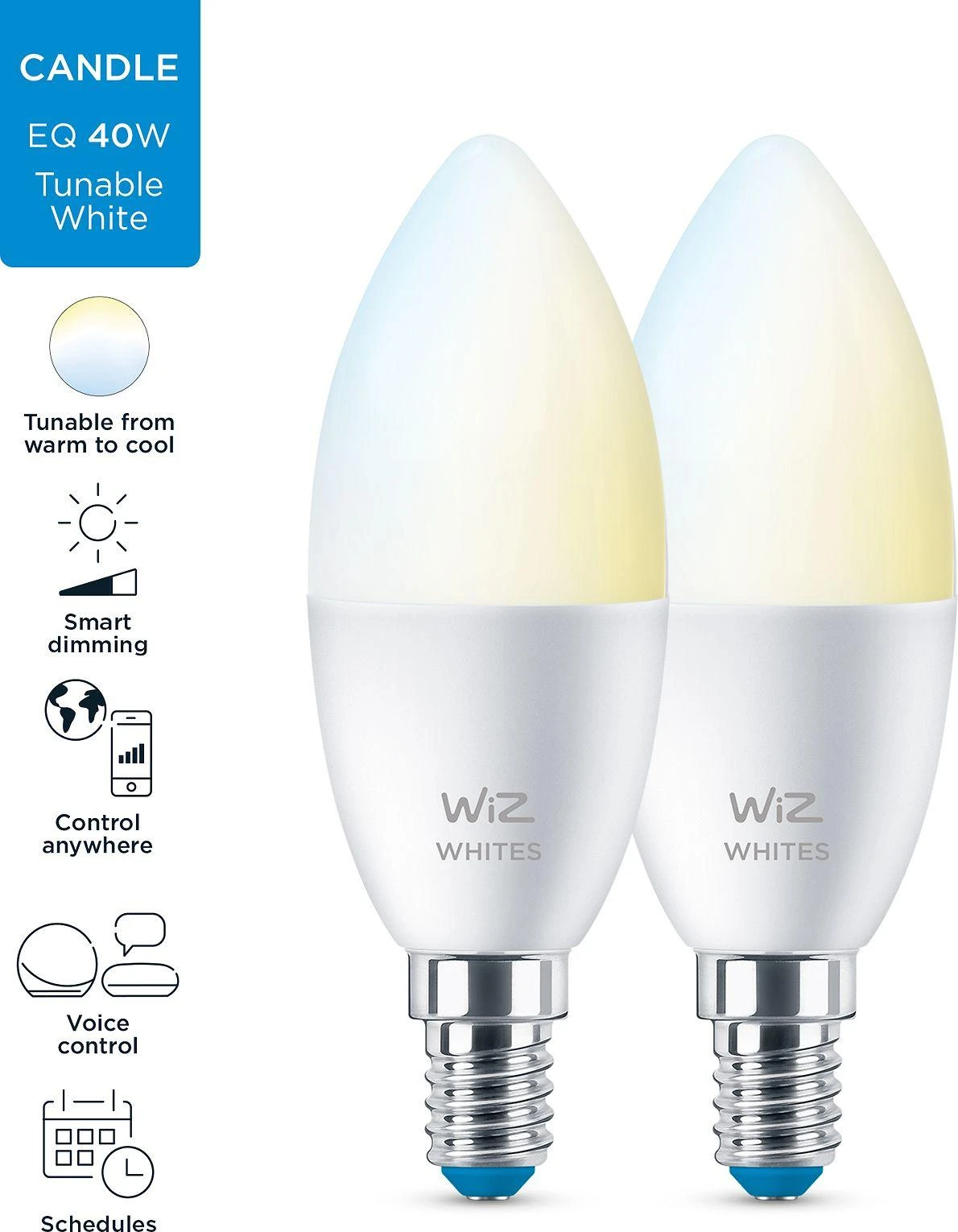 WiZ RGBW LED žvakinė lemputė | 4,9 W | 2700–6500 K | C37 | E14 | 2 vnt.