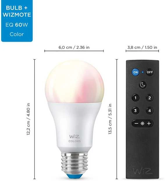 WiZ išmanioji lempa, E27, RGBW – visų spalvų ir atspalvių baltos šviesos, Wi-Fi, 806 lm, 2 pakuotės ir WiZ Remote