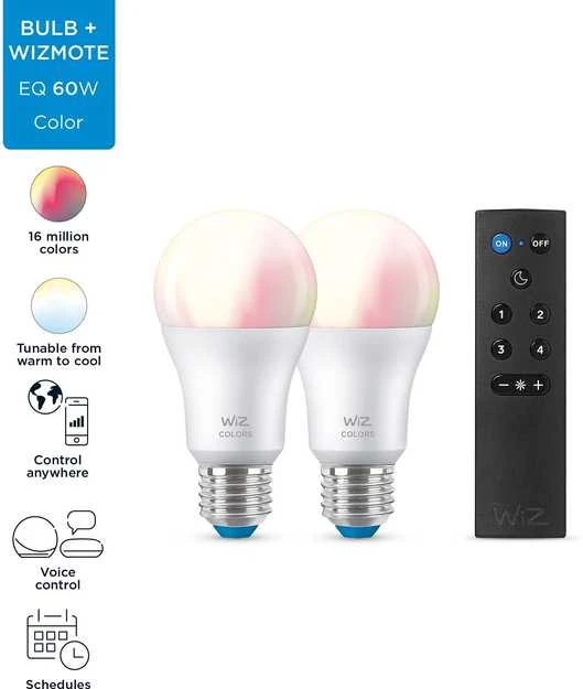 WiZ išmanioji lempa, E27, RGBW – visų spalvų ir atspalvių baltos šviesos, Wi-Fi, 806 lm, 2 pakuotės ir WiZ Remote