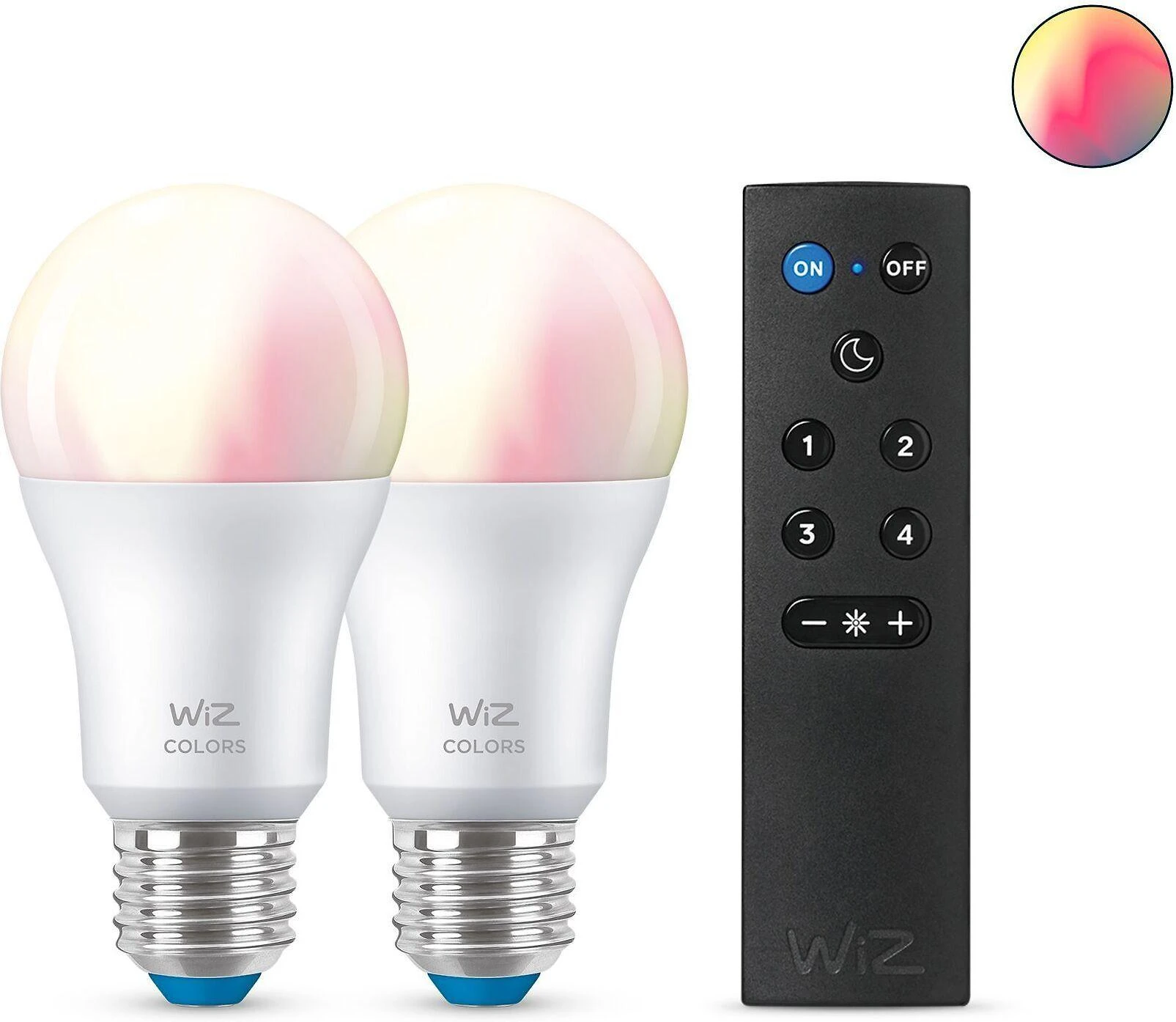 WiZ išmanioji lempa, E27, RGBW – visų spalvų ir atspalvių baltos šviesos, Wi-Fi, 806 lm, 2 pakuotės ir WiZ Remote