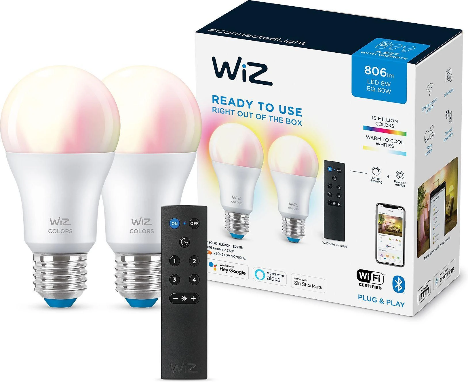 WiZ išmanioji lempa, E27, RGBW – visų spalvų ir atspalvių baltos šviesos, Wi-Fi, 806 lm, 2 pakuotės ir WiZ Remote