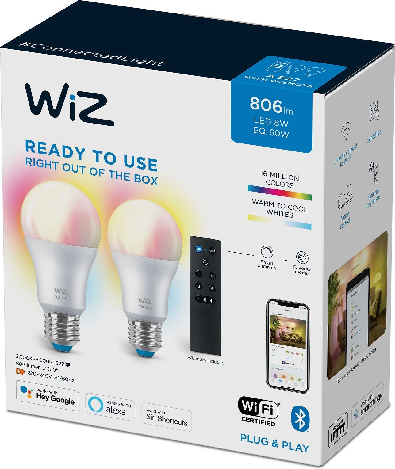 WiZ išmanioji lempa, E27, RGBW – visų spalvų ir atspalvių baltos šviesos, Wi-Fi, 806 lm, 2 pakuotės ir WiZ Remote