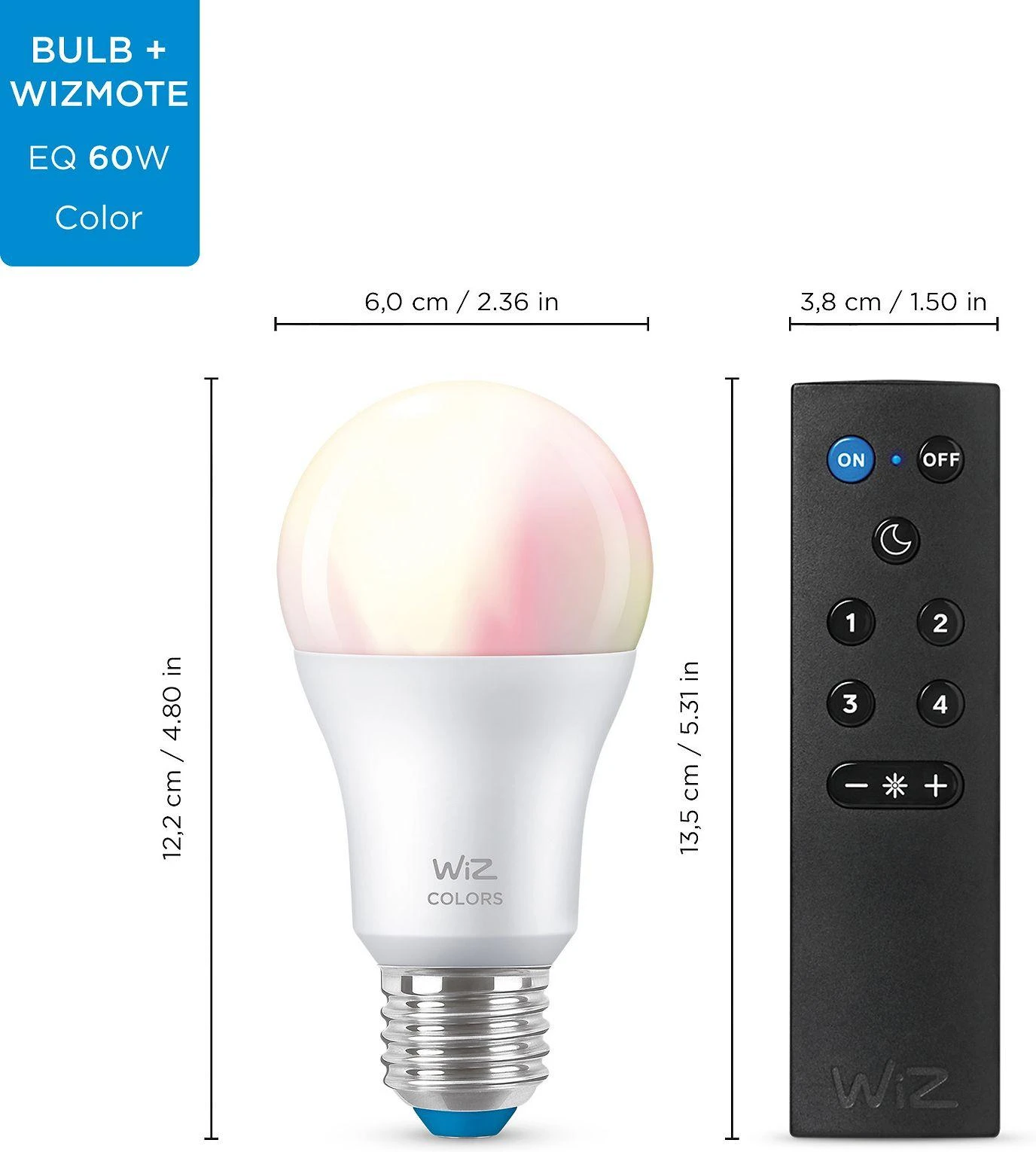 WiZ išmanioji lempa, E27, RGBW – visų spalvų ir atspalvių baltos šviesos, Wi-Fi, 806 lm, 2 pakuotės ir WiZ Remote