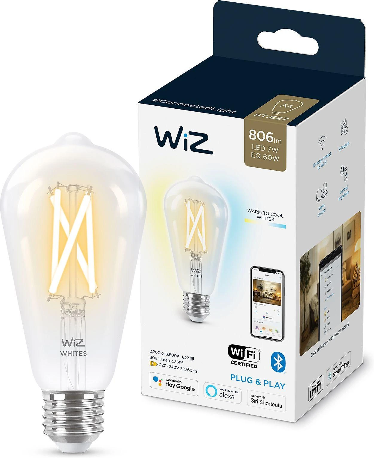 WiZ išmanioji lempa, E27, skaidrus stiklas, derinami balti - balti šviesos atspalviai, Wi-Fi, 2700-6500 K, 806 lm