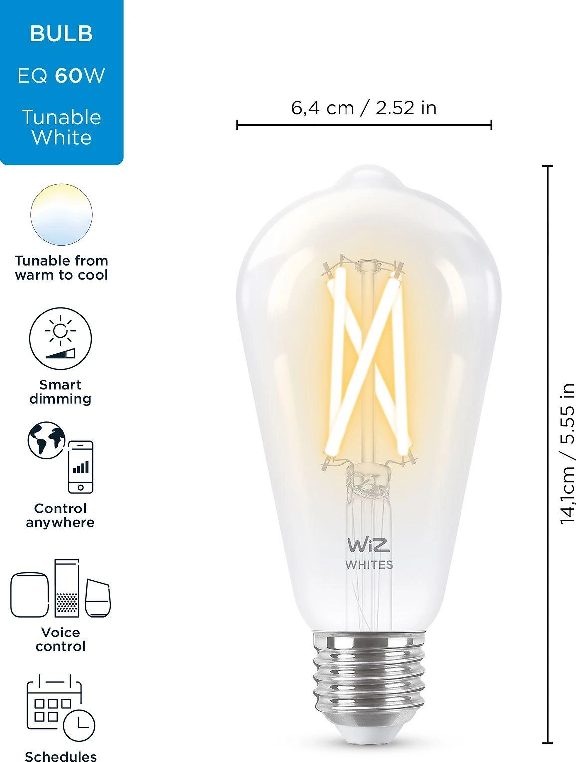 WiZ išmanioji lempa, E27, skaidrus stiklas, derinami balti - balti šviesos atspalviai, Wi-Fi, 2700-6500 K, 806 lm