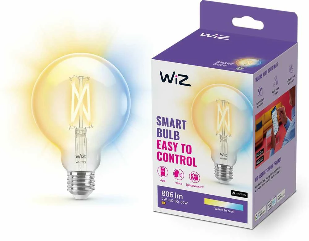 WiZ - G95 Clear Globe E27 Tunable Filament - Smart Home