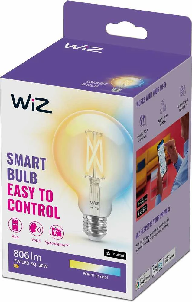 WiZ - G95 Clear Globe E27 Tunable Filament - Smart Home