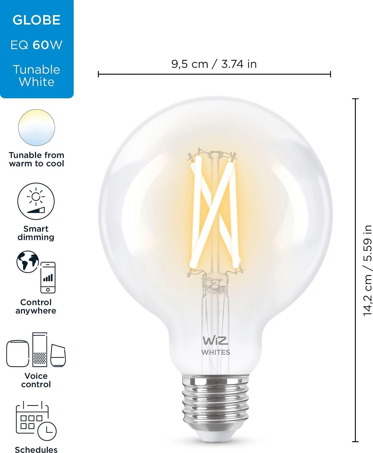 WiZ - G95 Clear Globe E27 Tunable Filament - Smart Home
