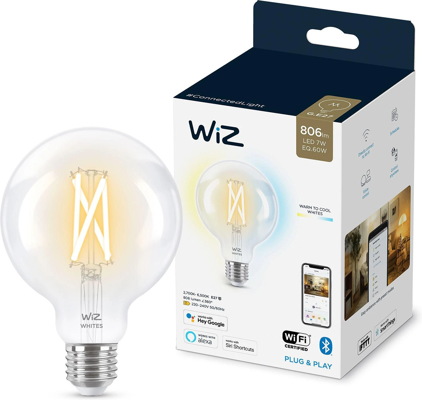 WiZ - G95 Clear Globe E27 Tunable Filament - Smart Home