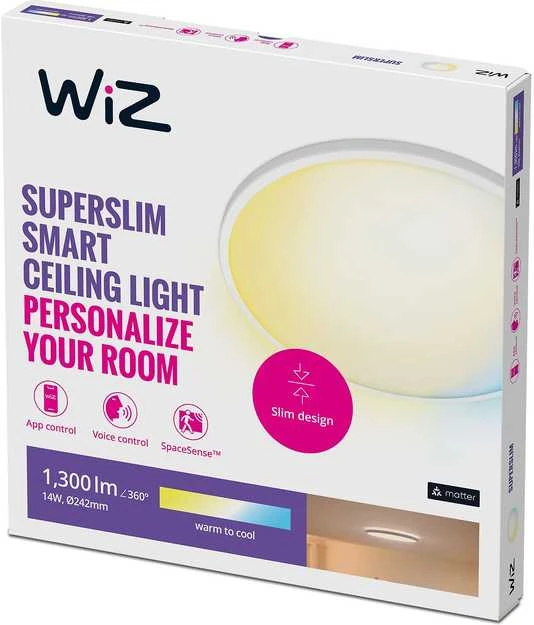 Lubinis šviestuvas WiZ SuperSlim TW,14W,2700-6500,IP20,baltas
