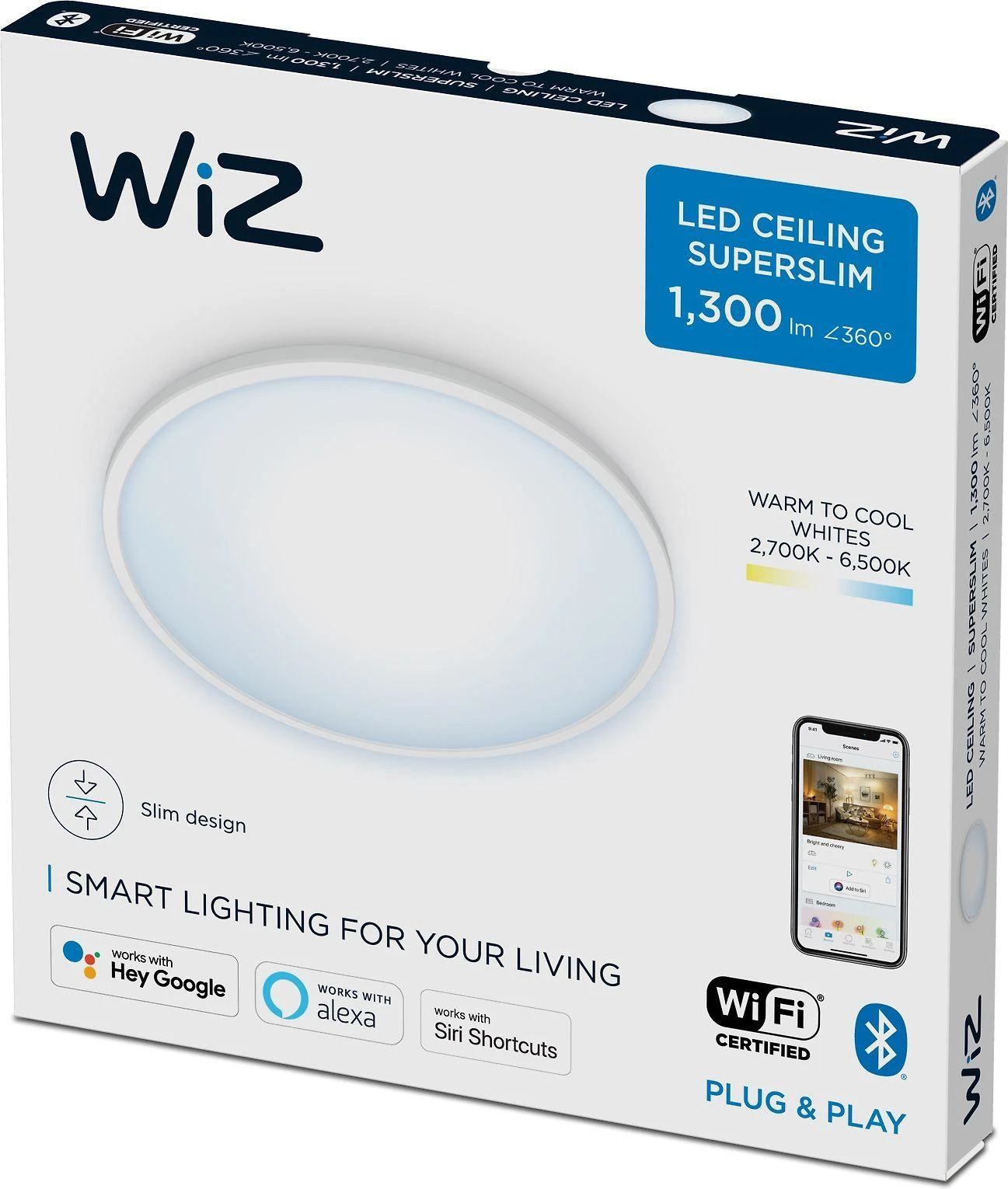 Lubinis šviestuvas WiZ SuperSlim TW,14W,2700-6500,IP20,baltas