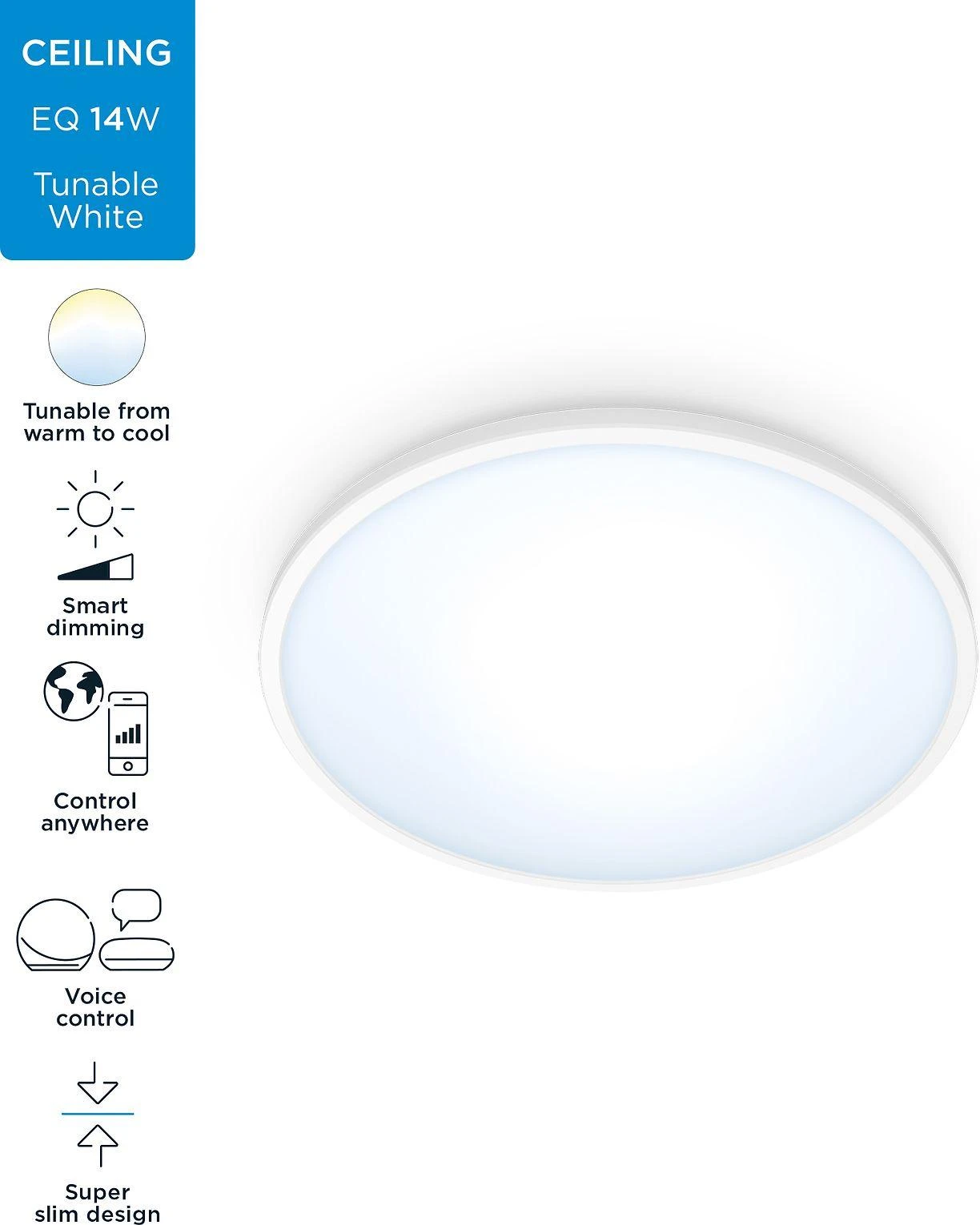 Lubinis šviestuvas WiZ SuperSlim TW,14W,2700-6500,IP20,baltas
