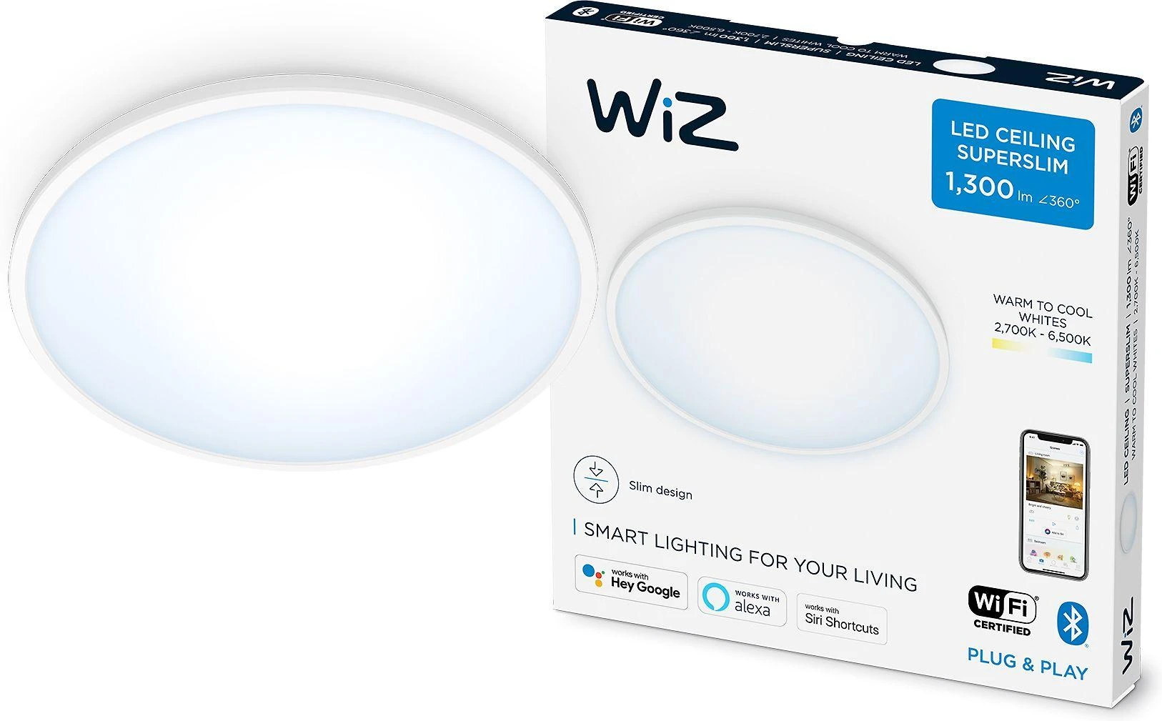 Lubinis šviestuvas WiZ SuperSlim TW,14W,2700-6500,IP20,baltas