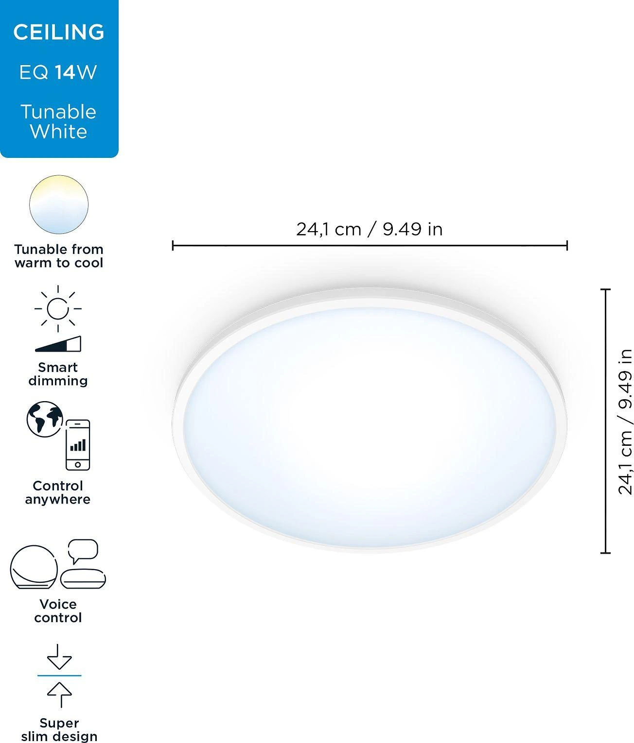 Lubinis šviestuvas WiZ SuperSlim TW,14W,2700-6500,IP20,baltas