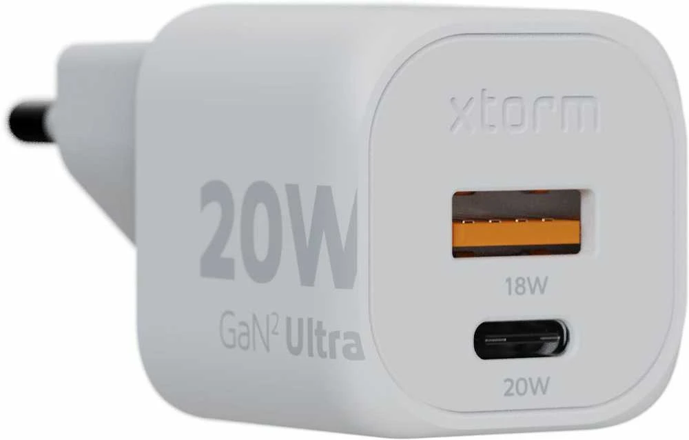 „Xtorm“ – 20 W „GaN2 Ultra“ namų įkroviklis, USB-C PD/USB-A, baltas