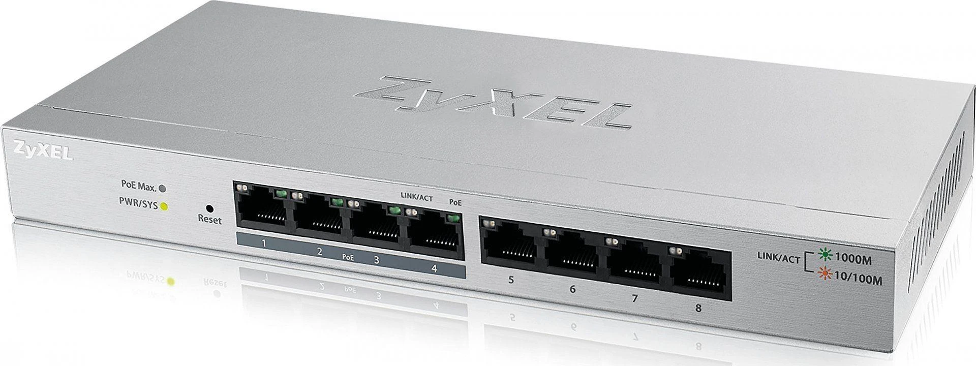 Šakotuvas „Zyxel 8 Port Gigabit PoE+“ žiniatinkliu valdomas jungiklis, 4x PoE, 60 vatų