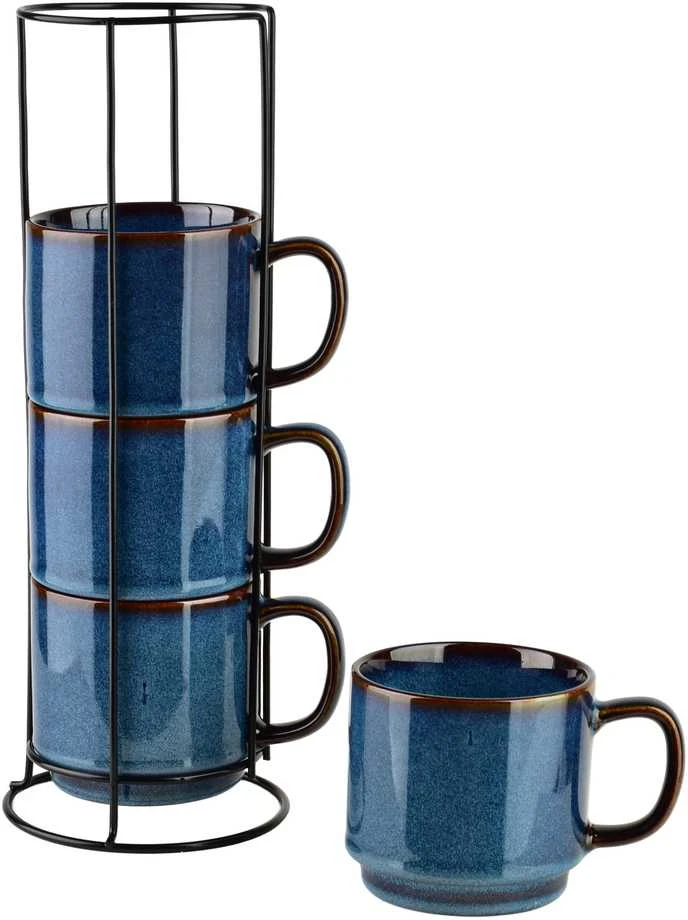 Affek Design EVIE DARK Mėlynas 4 puodelių ant stovo rinkinys (4 x 370 ml)
