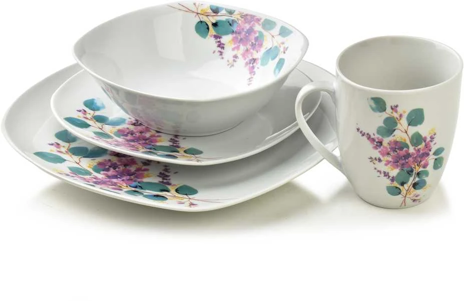 Affek Design LEA LAVENDER pietų rinkinys, 16 dalių, 370 ml puodelis / 500 ml dubuo, 17/19,5/25,5 cm