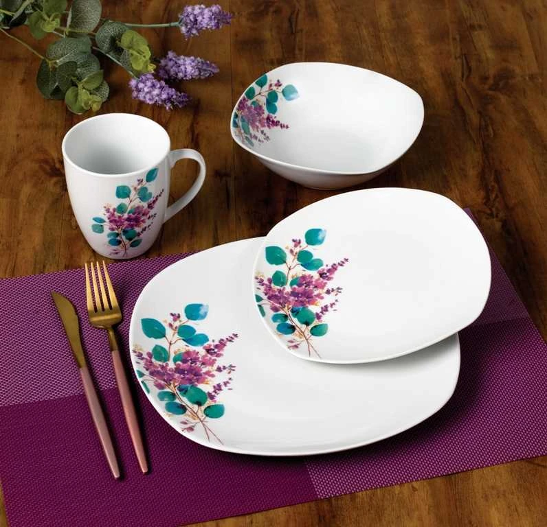 Affek Design LEA LAVENDER pietų rinkinys, 16 dalių, 370 ml puodelis / 500 ml dubuo, 17/19,5/25,5 cm