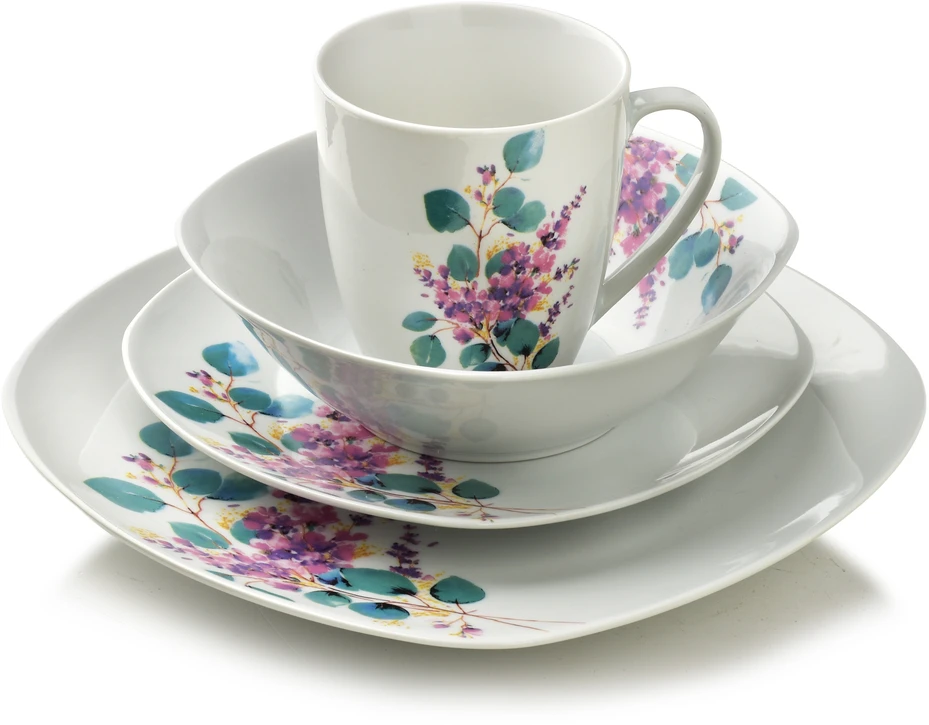 Affek Design LEA LAVENDER pietų rinkinys, 16 dalių, 370 ml puodelis / 500 ml dubuo, 17/19,5/25,5 cm