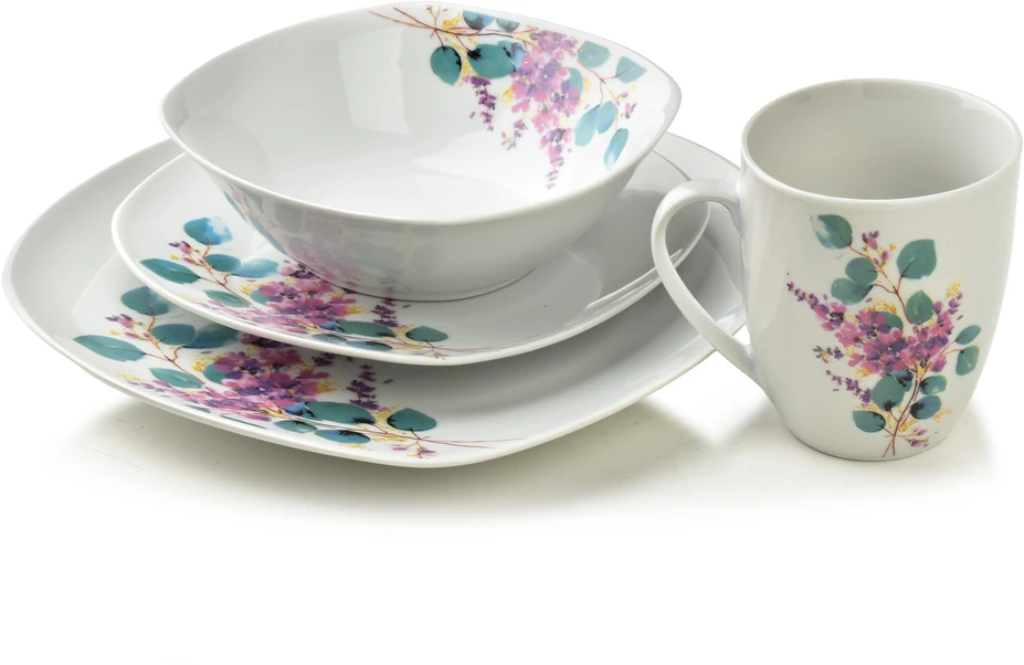 Affek Design LEA LAVENDER pietų rinkinys, 16 dalių, 370 ml puodelis / 500 ml dubuo, 17/19,5/25,5 cm
