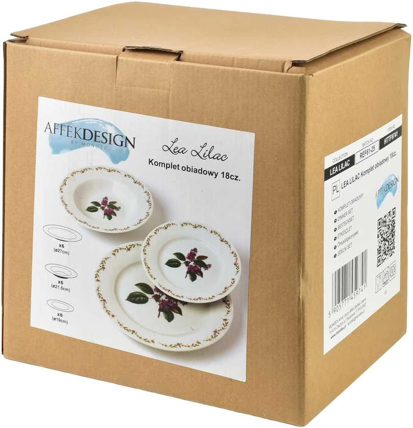 Affek Design LEA LILAC pietų rinkinys 18 dalių 21,8 cm / 19,2 / 27 cm sriubos lėkštė 220 ml