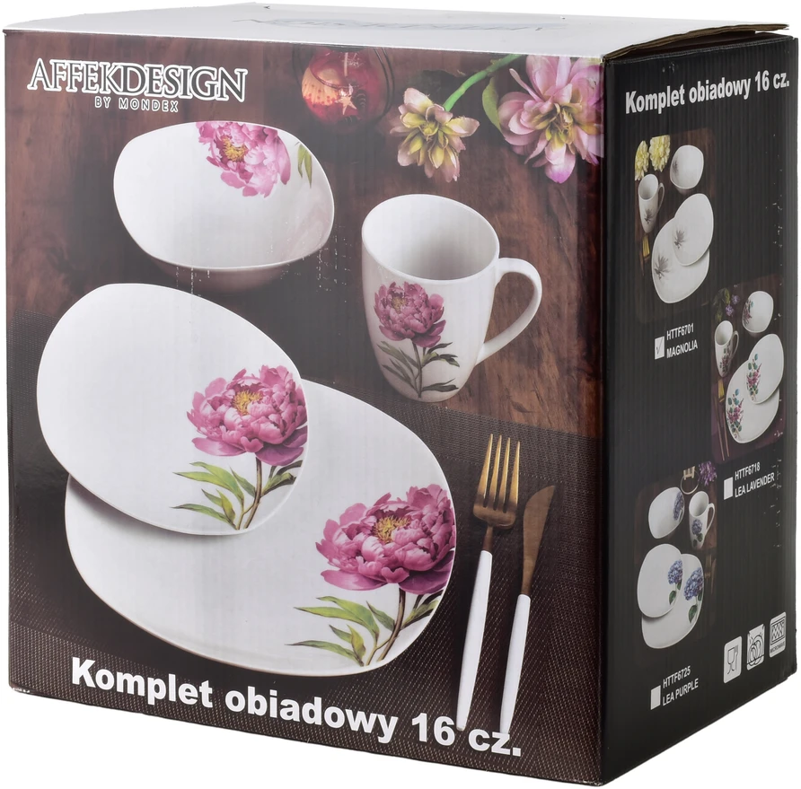 Affek Design LEA PEONY 16 dalių pietų servizas, 370 ml puodelis / 500 ml dubuo, 17/19,5/25,5 cm