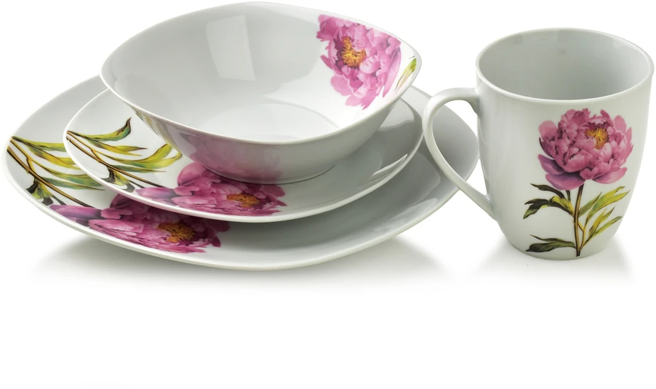 Affek Design LEA PEONY 16 dalių pietų servizas, 370 ml puodelis / 500 ml dubuo, 17/19,5/25,5 cm