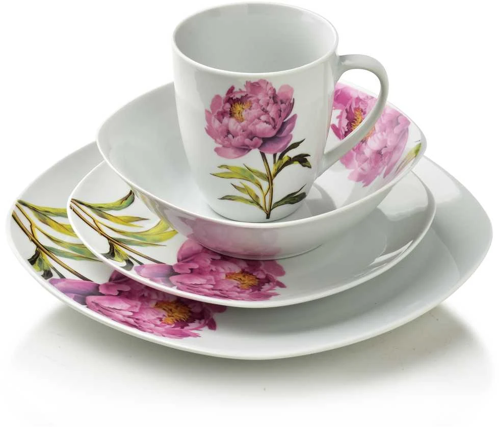 Affek Design LEA PEONY 16 dalių pietų servizas, 370 ml puodelis / 500 ml dubuo, 17/19,5/25,5 cm