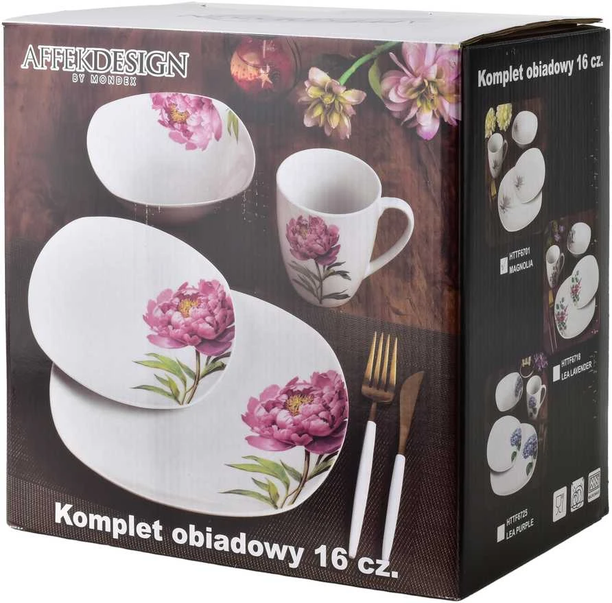 Affek Design LEA PEONY 16 dalių pietų servizas, 370 ml puodelis / 500 ml dubuo, 17/19,5/25,5 cm