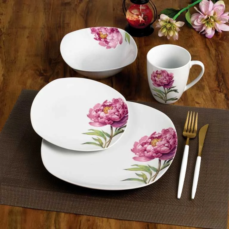 Affek Design LEA PEONY 16 dalių pietų servizas, 370 ml puodelis / 500 ml dubuo, 17/19,5/25,5 cm