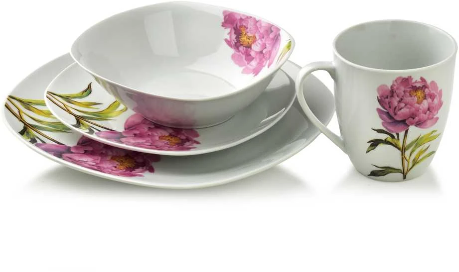 Affek Design LEA PEONY 16 dalių pietų servizas, 370 ml puodelis / 500 ml dubuo, 17/19,5/25,5 cm