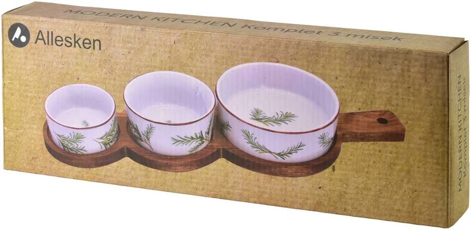 Allesken MODERN KITCHEN Deska su 3 miskami 11x3,5 8,5x4 7x7,3cm (35x12x1,2cm) rozmaryn