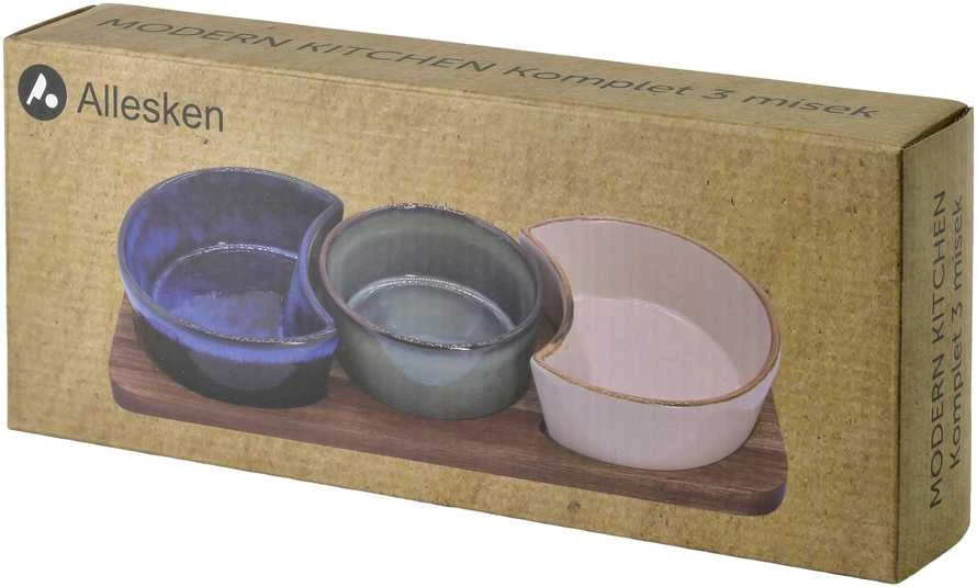 Allesken MODERN KITCHEN Deska su 3 miskami 8,5x42x/11x9,5x3,5cm(26,5x11x1,2cm)2x150ml 120ml