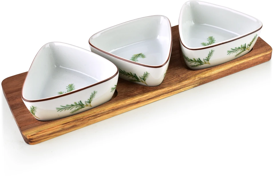 Mondex Since 1986 MODERNI VIRTUVĖS lenta su 3 trikampiais dubenėliais 9,5x4 cm (28x9,5x1,5 cm) rozmarinas 100 ml