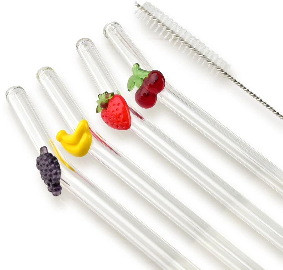 Allesken PETER 4 stiklinių šiaudelių rinkinys, 21 cm, su vaisių teptuku
